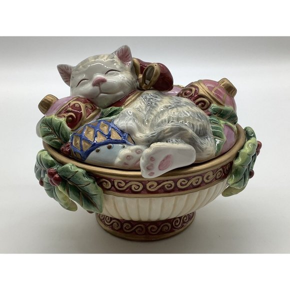 Fitz and Floyd Cat with Ornaments Candy Dish - Picture 3 of 11